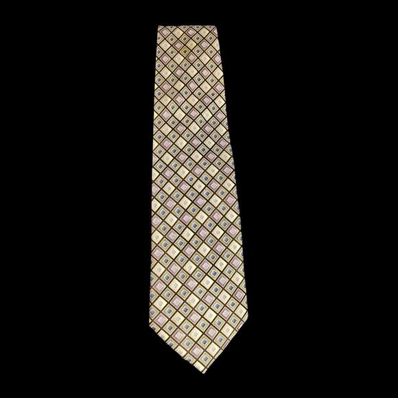 Pierre Cardin Men’s Tie 100% Silk Geometric Diamond Pattern Yellow Purple Blue - Picture 1 of 2